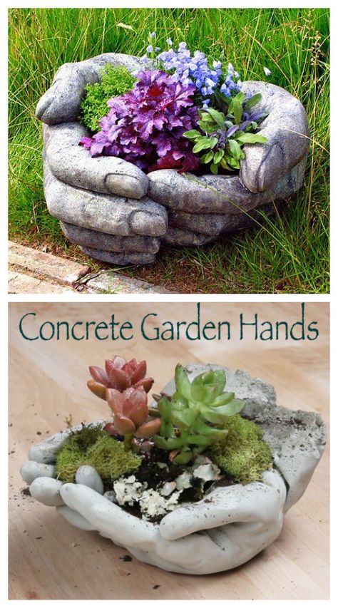 DIY Hand Cupped Concrete Garden Planter Tutorials - DIY DIY Concrete Garden Hands Tutorial video Cement Hands, Garden Diy Projects, Unique Garden Ideas, Unique Pots For Plants, Garden Diy Decoration Ideas, Hand Planters, Cement Pots Diy, Diy Cement Planters, Cement Garden