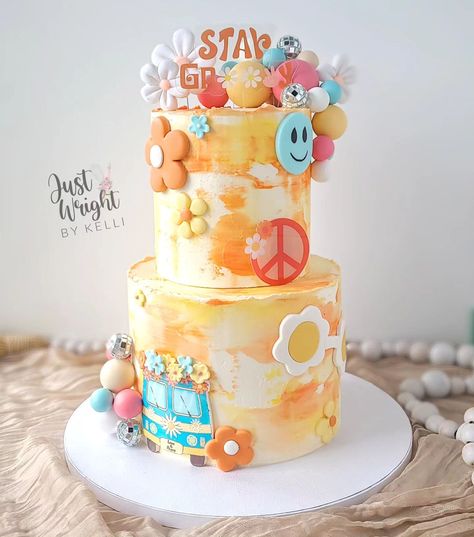 Staying Groovy with Peace, Love, and Birthday Cake! Loving this retro themed cake for a brother and sister celebrating their birthdays together. I hope they had a far out time with family and friends. . . . . #groovy #peacelovehappiness #peaceloveandbirthdaycake #birthdayparty #birthdaytheme #retrocake #kidsbirthday #Merrimacknh #merrimackbaker #summerbirthday #watercolorcake #smileyface #70sstyle Vw Bus Birthday Cake, 4 Ever Groovy Birthday Cake, Groovy Cake, Hippie Cake, Second Birthday Cakes, 10 Birthday Cake, Watercolor Cake, Peace Love Happiness, Time With Family