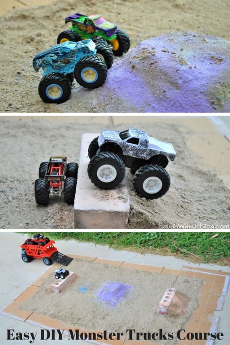 Easy DIY Monster Trucks Course Don’t let screen time take over! Get the kids loving outside playtime with their own Hot Wheels Monster Trucks Course! Quick and easy directions on the blog. Collect the complete line of Hot Wheels Monster Trucks from Walmart! #ad #Hotwheelsmonstertrucks Outdoor Monster Truck Track, Monster Truck Diy, Monster Truck Play, Monster Truck Arena, Make Your Own Monster, Dump Truck Birthday Party, Monster Jam Birthday, Monster Truck Cake, Dump Truck Birthday