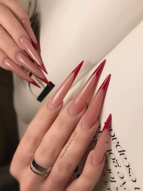 Red French Stiletto Nails, Best Red Nails, Nails For Winter, Red Stiletto Nails, Euphoria Nails, Stilleto Nails Designs, Sharp Nails, Pointy Nails, Punk Nails