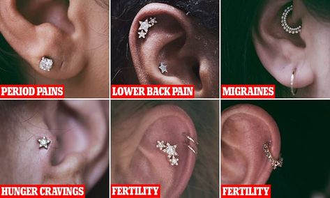 Ear piercing expert reveals how he eases ailments Piercing Pressure Points, Pressure Point Piercing, Ear Piercings And What They Help With, Ear Piercing Acupuncture Points, Most Painful Ear Piercings Chart, Ear Pressure Points, Daith Piercing Migraine, Migraine Piercing, Outer Conch Piercing