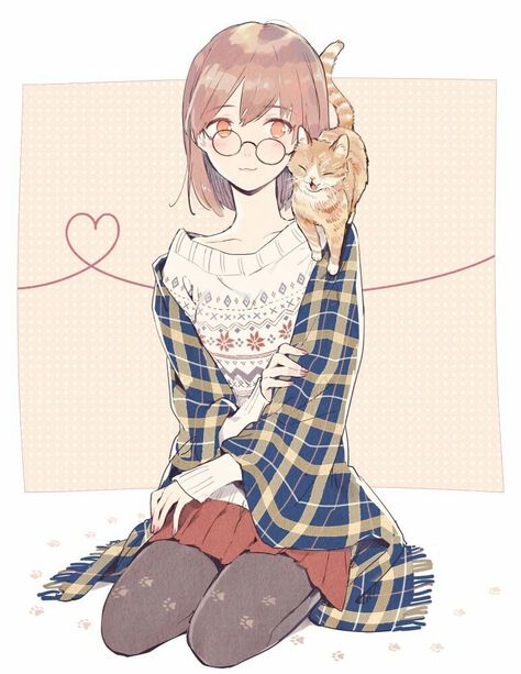 Cat On Shoulder, Girl With Glasses, Art Mignon, Style Anime, Wearing Glasses, Anime Cat, 영감을 주는 캐릭터, Art Anime, An Anime