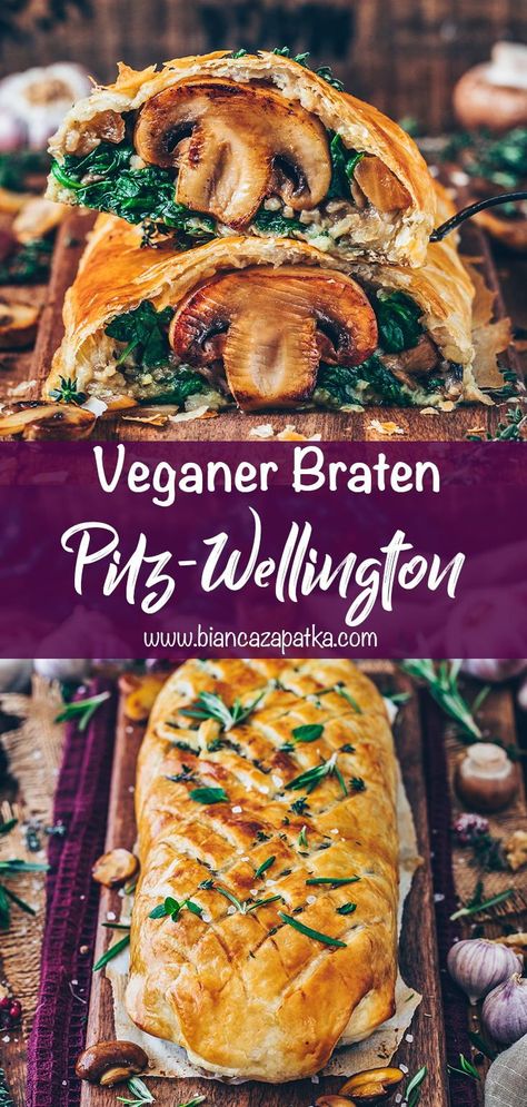 Dieser vegane Pilz-Wellington ist ein köstlicher veganer Braten und wird sicherlich jeden Gast an Weihnachten begeistern! Er ist sehr einfach zuzubereiten, herzhaft, würzig und so lecker! Christmas Vegan Recipes, Vegetarian Christmas Appetizers, Vegetarian Christmas Dinner, Vegan Holiday Cookies, Easy Dessert Recipes Christmas, Christmas Vegan, Vegan Christmas Dinner, Vegan Chocolate Recipes, Vegetarian Christmas