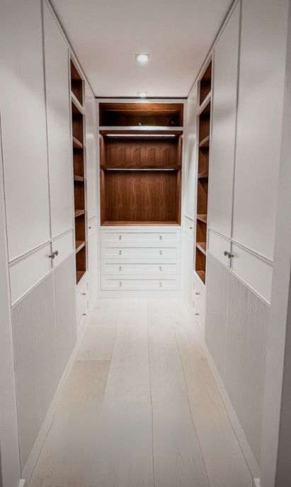 Walnut Closet, Ensuite Ideas, Dark Carpet, White Wardrobe, Closet Wardrobe, Walk In Robe, White Doors, Walk In Wardrobe, Wardrobe Closet