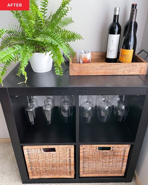 Ikea Wine Rack, Classic Bookshelves, Ikea Bar, Kallax Hack, Diy Rack, Wine Glass Storage, Ikea Kallax Hack, Indoor Bar, Ikea Kallax