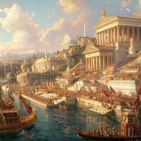 Greek Dnd, Ancient Aesthetic, Fantasy Buildings, Fantasy Cities, Roman Republic, Mount Olympus, Roman City, Empire Romain, Roman Architecture