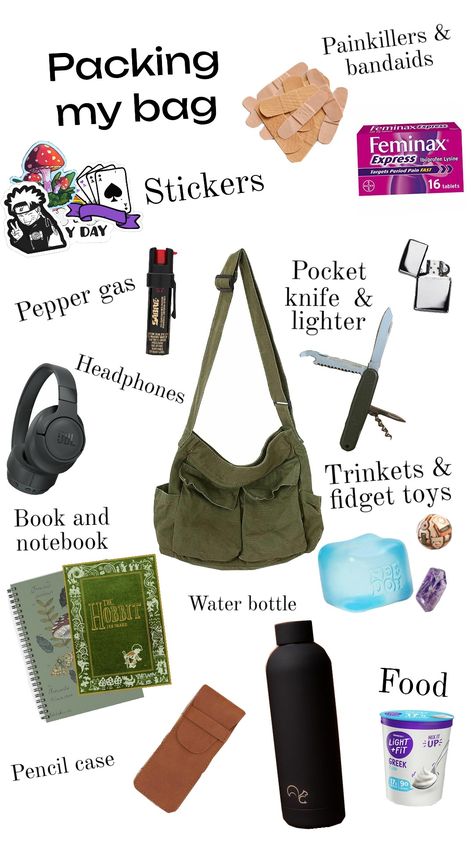 College bag inspo #packingbag #goblincore #bagessentials #bag Goblincore Bag, Goblin Core, Period Pain, College Bags, Fidget Toys, Bagpack, Pencil Case, Pins