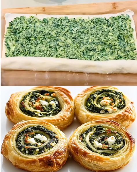 Spinach and Feta Puff Pastry Pinwheels are a savory, flaky, and cheesy delight that’s perfect for parties, appetizers, or a quick snack. These pinwheels combine the classic flavors of spinach and feta, wrapped in golden puff pastry, making them irresistible for all occasions. Preparation Time Prep Time: 15 minutes Cook Time: 20-25 minutes Total Time: 40 minutes Servings: 12 pinwheels Ingredients Frozen Puff Pastry: 1 sheet, thawed Fresh Spinach: 2 cups (60g), chopped Feta Cheese: ½ cup (100g), c Feta Puff Pastry, Recipes Using Puff Pastry, Philo Dough, Pastry Pinwheels, Puff Pastry Recipes Savory, Spinach Puff Pastry, Puff Pastry Pinwheels, Vegetarian Christmas Recipes, Recipes Spinach