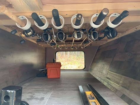 diy fishing rod storage in camper Storage In Camper, Camper Storage Ideas Travel Trailers, Camper Organization Rv Living, Camper Organization Travel Trailers, Diy Fishing Rod, Hacks And Tricks, Fishing Rod Storage, Trailer Storage, Camper Trailer Remodel