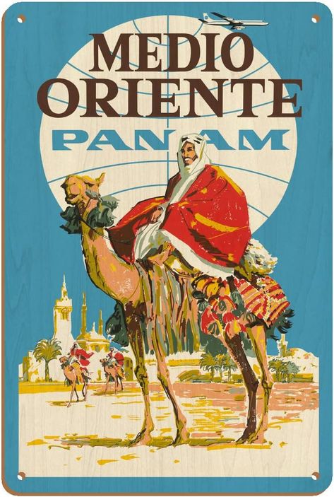 Amazon.com: Middle East (Medio Oriente) - Camel Rider - Pan American World Airways - Vintage Airline Travel Poster c.1950s - 8in x 12in Vintage Wood Art Sign: Posters & Prints Vintage Airline, Aviation Posters, Airline Travel, Pan Am, Vintage Airlines, Pan American, Vintage Aviation, Island Art, American Airlines