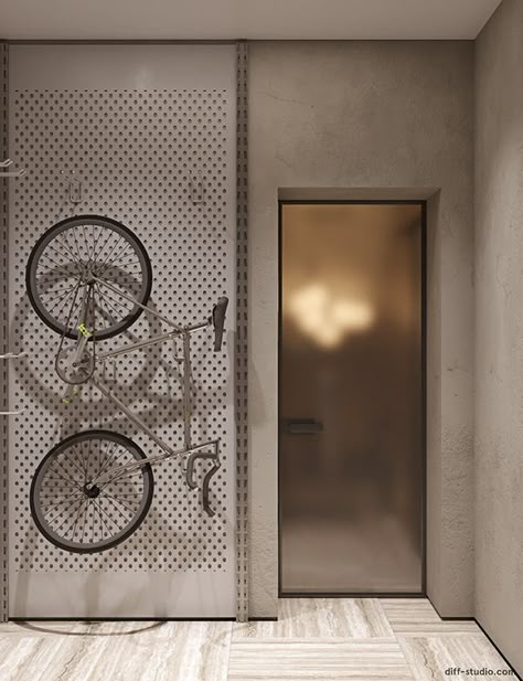 Elegance and comfort. on Behance Bikes In Garage, Bicycle Parking Design, Closet Handles, Motorcycle Parking, Bike Rack Wall, Dream House Aesthetic, Narrow House Designs, Garage Bike, Cycling Design