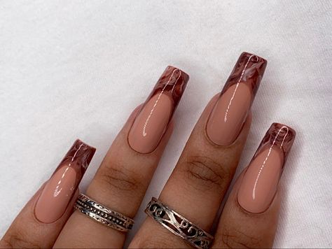 Brown Marble Tip Nails, Brown Marble Nails French Tip, Brown Swirl French Tip Nails, Brown Marble French Tip Nails, Black Marble French Tip Nails, French Tip And Marble Nails, Good Acrylic Nails, Brown Fall Acrylic Nails, Brown Nail Inspiration