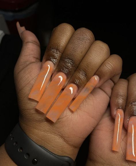 Orange And Green Acrylic Nails, Orange Nail Ideas Acrylic, Orange Nails Acrylic Design, Long Orange Acrylic Nails, Organge Nails, Orange Square Acrylic Nails, Orange Acrylic Nails Designs, Orange Design Nails, Long Orange Nails