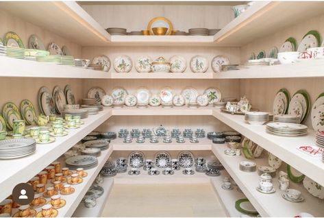 Kris Jenner House, Dish Room, Jenner House, Ceiling Shelves, Green Dinner Plates, Fancy Dishes, Butler's Pantry, Minimal Decor, Kris Jenner