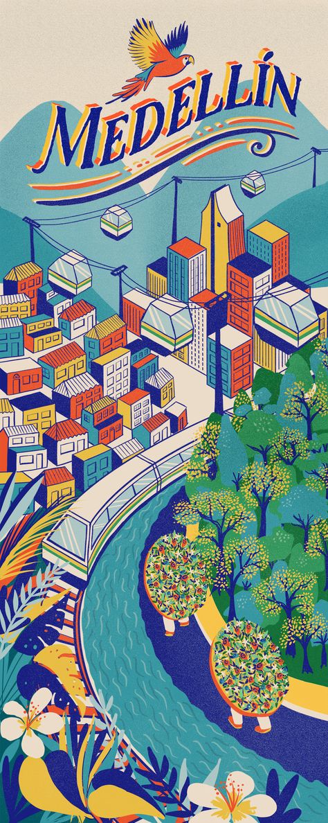 Medellín city illustration on Behance Colombia Illustration, Colombia Art, Columbian Art, Colombian Art, Mountain City, Tourism Poster, Illustration Procreate, Graphic Design Ads, Food Graphic Design