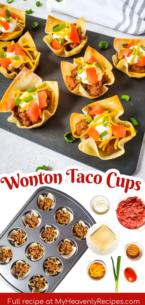 Wonton Taco Cups Recipe- fun and unique taco dinner meal idea. Ground beef hamburger dinner idea. Easy wonton wrapper meal recipe. Taco cups for kids or families. Easy muffin tin dinner recipe. Wonton Wrapper Recipes Ground Beef, Won Ton Tacos Recipe, Taco Cups With Tortillas Muffin Tins, Wanton Tacos, Muffin Tin Recipes Dinner, Taco Wonton Cups, Chili Cups, Taco Wonton, Taco Cup