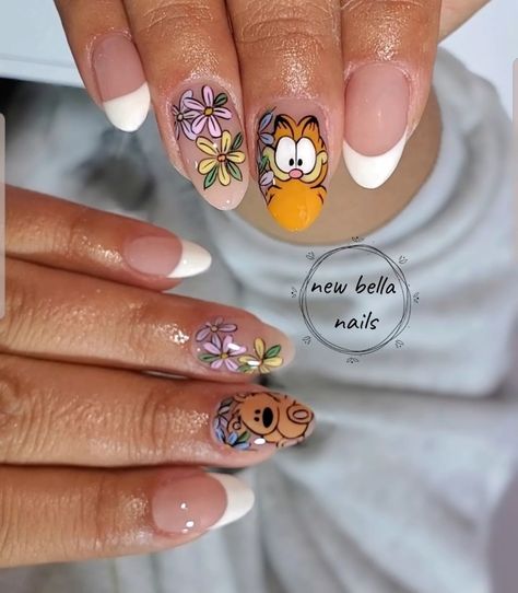 Garfield Nails Art, Peruvian Nails, Cute Cartoon Nails, Garfield Nails, Cowboy Nails, November Nails, Hippie Nails, Gel Nail Art Designs, Nail Drawing