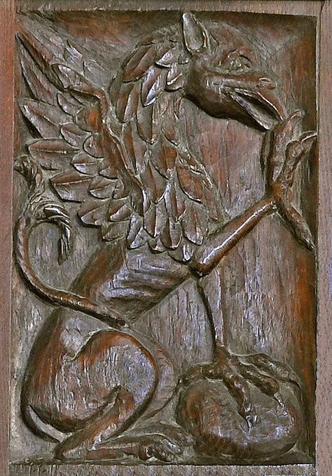 There are many facinating carved panels like this one of a griffin dating from the 16th.century that make up the St. Michael's rood screen. Medieval Wood Carving, Heraldic Beasts, Rood Screen, American House Design, Carved Wood Panel, Mythological Animals, Odin's Ravens, Medieval Furniture, Carved Furniture