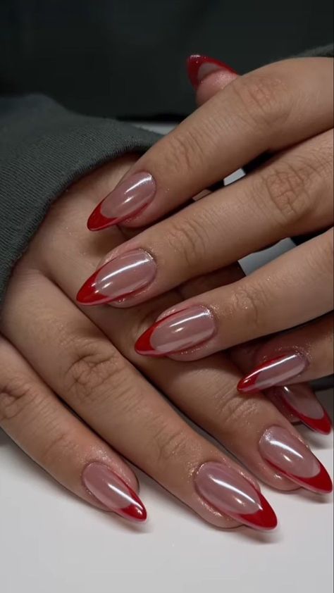 Red Tip Nails, Red Chrome Nails, Chrome French, Kutek Disney, Chrome Nails Designs, Red French, Pink Chrome, Nagel Tips, Almond Acrylic Nails