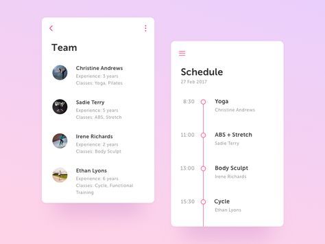 Fitness App | Schedule & Team by Valeria #Design Popular #Dribbble #shots Meeting Schedule Design, Time Schedule Design, Chart Ui, Event Schedule Design, Schedule App, List Ui, Itinerary Design, Ui Design Dashboard, Scheduling App