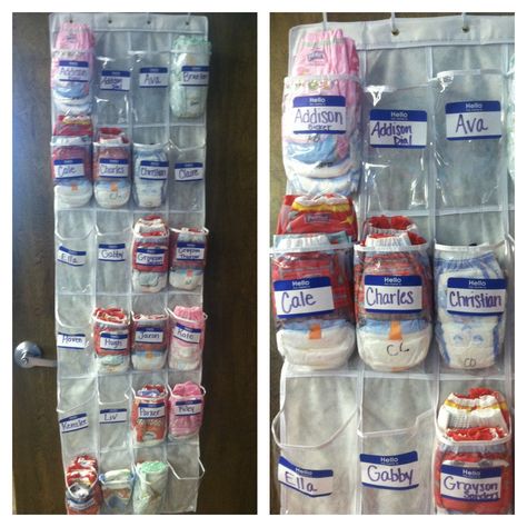 Preschool classroom diaper organization. I am thinking on the bathroom door for their extra clothes and cleaning supplies! Extra Clothes Storage, Daycare Rooms Setup, Bathroom Door Ideas, Preschool Organization, Daycare Spaces, Daycare Setup, Infant Daycare, Home Daycare Ideas, Daycare Rooms