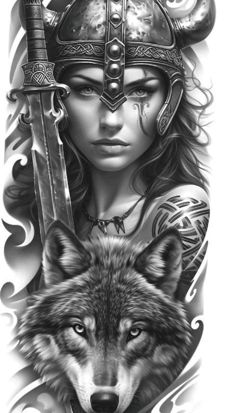 Warrior Wolf Tattoo, Worrier Women, Warrior Woman Tattoo, Female Symbol Tattoo, Viking Warrior Tattoos, Warrior Tattoo Sleeve, Female Warrior Tattoo, Valkyrie Tattoo, Vikings Tattoo