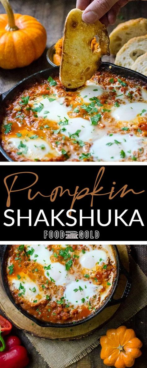 #ad With only a few ingredients, this pumpkin shakshuka recipe is loaded with autumnal flavor. Serve it on potatoes or with crusty bread for a delicious breakfast. This pumpkin shakshuka recipe is a great way to use an opened can of pumpkin puree. This gluten-free savory breakfast is extremely flavorful and done in about 20 minutes. You’ll love this recipe with its autumnal twist and look forward to making it over and over every year. | @foodabovegold #fallShakshukarecipe #howtomakeShakshuka Savory Pumpkin Breakfast, Savory Apple Recipes Vegetarian, Autumn Recipes Gluten Free, Mediterranean Pumpkin Recipes, Grilled Pumpkin Recipes, Savory Pumpkin Recipes Dinners, Gourmet Autumn Recipes, Savoury Pumpkin Pie, Meal In A Pumpkin