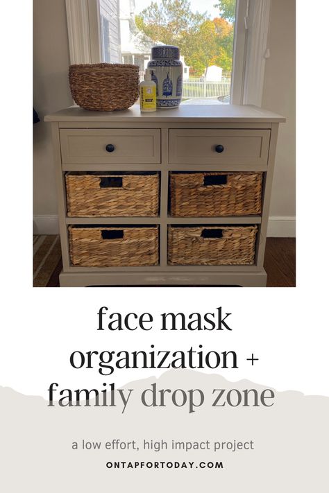 A place to keep your out-the-door items (face masks, sanitizer, dog leashes, you name it) tidy, organized and at the ready! A low effort, high impact diy home project Face Mask Storage Ideas, Mask Storage Ideas, Mask Organization Ideas, Family Drop Zone, Mask Storage, Ways To Destress, Small Storage Cabinet, Drop Zone, Dog Leashes