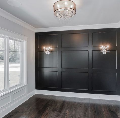 Black And Grey Living Room Walls, Black Dining Room Feature Wall, Black Accent Wall Grey Walls, Accent Wall Glam Room, Bedroom Accent Walls Wood, Black Accent Wall With Crown Molding, Home Accent Wall Ideas, Accent Wall Crown Molding, Black Wainscoting Living Room