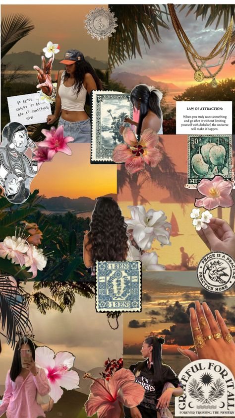 #summer #island #tan #tropical #desi #aesthetic #flower #vacation #beach #sunset #brown #coral #blush #girl #visionboard #girl #collage #inspo #vibe Tropical Boho Aesthetic, Tropical Aesthetic Collage, Retro Tropical Aesthetic, Coral Girls, Magazine Cover Ideas, Tropical Aesthetic, Summer Island, Hippie Aesthetic, Tropical Fashion