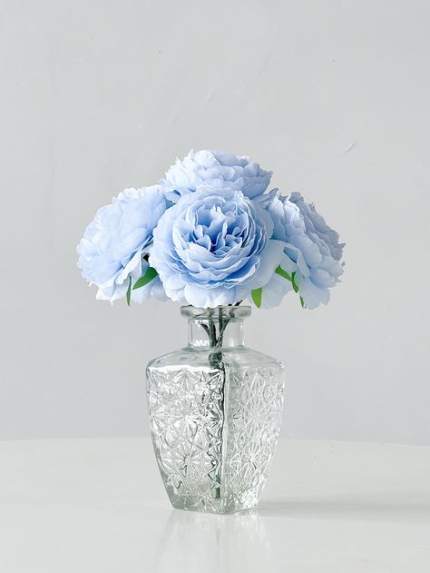 Blue Rose Centerpiece, Blue Fake Flowers, Blue Peony Flower, Peony Blue, Faux Flower Bouquets, Blue Peony, Artificial Peony, Dining Table In Living Room, Blue Peonies