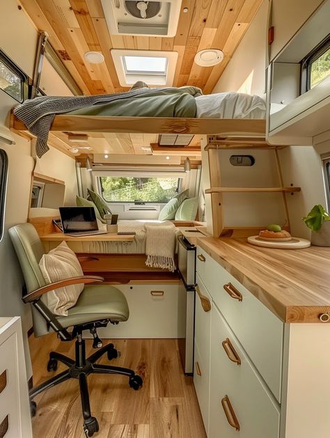 47 Remote Working RV Setup Inspo – TastyInteriors Rv Van Conversion, Bus Life Ideas, Tiny Home Bus, Rv Van Interior, Converted Vans To Campers, Converted Camper Van, Interior Van Designs, Van Life Interior Layout, Autocaravana Interior Ideas