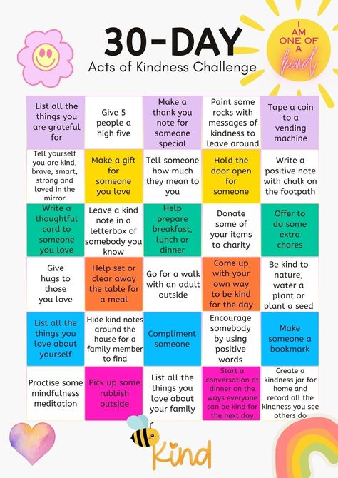 Embark on a heart warming Adventure with Our 30-Day Acts of Kindness Challenge for Kids!  Introducing the perfect way to spread joy and learn the power of kindness - our 30-Day Acts of Kindness Challenge, specially designed for young children. Each day brings a new, simple, and fun task that little ones can easily complete. Tailored for young kids, these daily acts of kindness are simple yet impactful. This Act of Kindness Challenge will: Foster Empathy and Compassion: Watch as your child discovers the joy of giving and caring for others. Build Positive Habits: Encourage a lifetime of kindness with these engaging daily challenges. Create Family Bonding: A great way to connect as a family and create lasting memories. Let's make the world a kinder place, one small act at a time! Please note Kindness Month Ideas, National Kindness Day Activities, Random Acts Of Kindness For Kids, Teaching Kindness To Kids, 30 Day Kindness Challenge, Kindness Challenge For Kids, Kindness Crafts For Kids, Acts Of Kindness Challenge, Kindness Activities For Kids