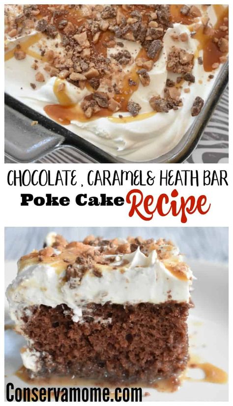 Heath Bar Poke Cake, Heath Bar Cake, Brownie Cake Recipe, Poke Recipe, Heath Bar, Poke Cake Recipe, Smores Dessert, Chocolate Peanut Butter Brownies, Chocolate Poke Cake