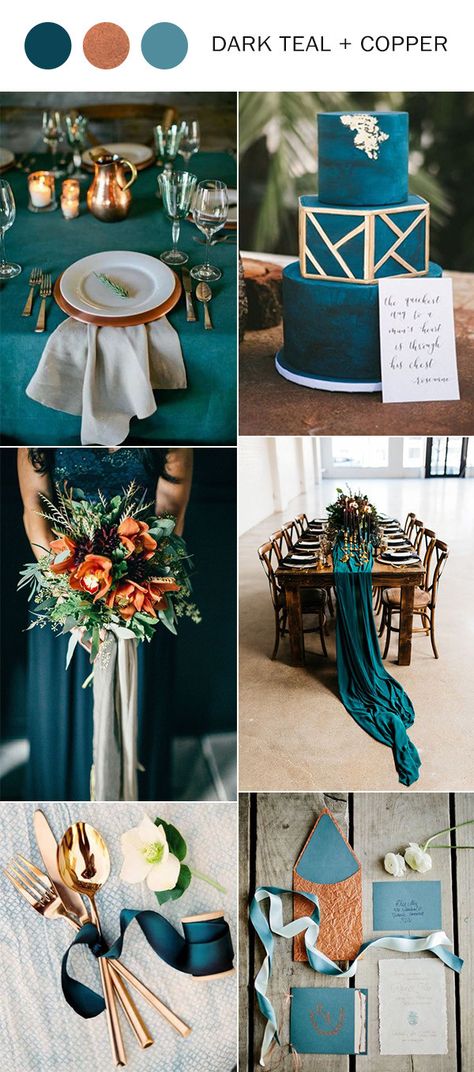 teal and copper wedding - Google Search Teal Fall Wedding, Copper Wedding Colors, Dark Teal Weddings, Yellow Wedding Decorations, Planning Future, Teal Wedding Colors, Wedding Theme Color Schemes, Marriage Celebration, Medieval Theme