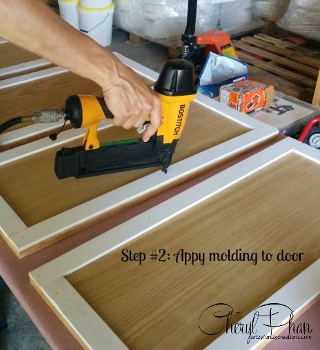 step 2 signiture Upgrading Stock Cabinets, Diy Cupboard Doors Makeover, Upgrade Plain Cabinet Doors, Adding Trim To Plain Cabinet Doors, Refacing Kitchen Cabinets Cost, Refacing Kitchen Cabinets Diy, Upscaling Builder Grade Cabinets, Flat Kitchen Cabinets, Mobile Home Kitchen Cabinets