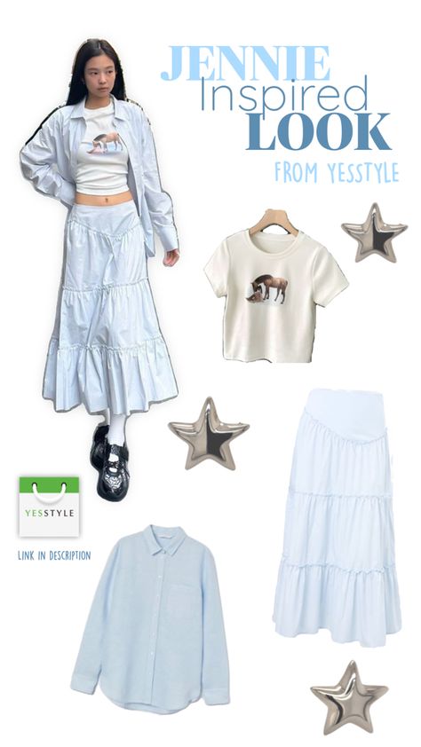 Mid Rise Plain Tiered Maxi A-Line Skirt 👇  https://www.yesstyle.com/en/beanfait-mid-rise-plain-tiered-maxi-a-line-skirt-light-blue-m/info.html/pid.1125426811  Long-Sleeve Button-Up Shirt 👇  https://www.yesstyle.com/en/mori-girls-long-sleeve-button-up-shirt/info.html/pid.1120376634  Short-Sleeve Crewneck Horse Print T-Shirt  https://www.yesstyle.com/en/puye-short-sleeve-crewneck-horse-print-t-shirt/info.html/pid.1129611865 Plain Skirt Outfit, Tiered Skirt Outfit, Maxi Skirt Outfits, Skirt With Buttons, Horse Print, Mori Girl, Skirt Outfit, Blue Skirt, Tier Skirt