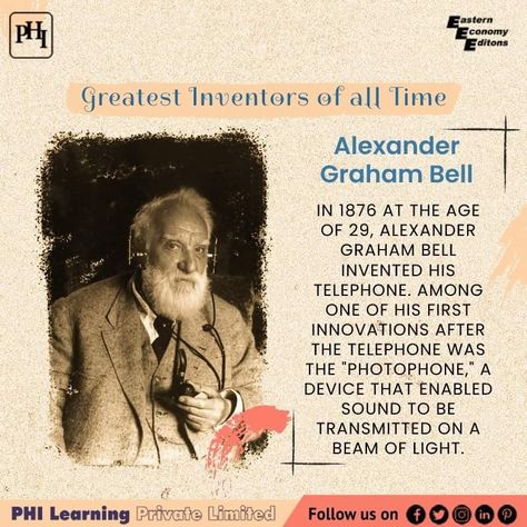 Greatest Inventors Of All Times - Alexander Graham In 1876 at the age of 29, Alexander Graham Bell invented his telephone. Among one of his first innovations after the telephone was the "photophone," a device that enabled sound to be transmitted on a beam of light. #invention #Inventor #AlexanderGrahamBell #communication #telephone Alexander Graham Bell Project, Alexander Graham Bell Telephone, Electronic Lab, Communication Images, March Themes, Alexander Graham Bell, Short Text, Beam Of Light, Aesthetic Names