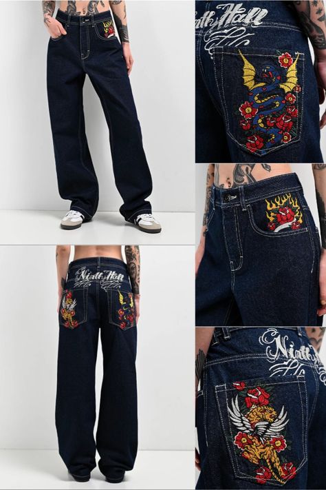 Provided by Ninth Hall in a blue denim construction with white contrast stitching throughout, with detailed, embroidered graphics on the back and above the left hand pocket. Borrowing imagery from classic tattoo stylings, the luxury pants display a tiger on the left seat pocket, a dragon on the pocket, and bold cursive branding above both for an exclusive look.  a five-pocket configuration, the Idle Rinse jeans are finished with a flaming rose above the left hand pocket and engraved hardware. Classic Tattoo, Embroidered Jeans, Blue Denim Jeans, Contrast Stitch, Crew Socks, Denim Jeans, Blue Denim, Like New, Fashion Inspo