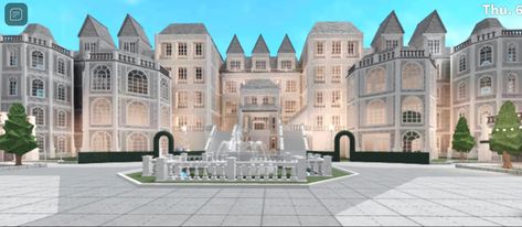 Big White Mansion, Bloxburg Driveway Ideas Aesthetic, Castles In Bloxburg, Big Mansions Bloxburg, Bloxburg House Big Mansion, Massive Bloxburg Mansion, Bloxburg White Mansion, Bloxburg Huge Mansion Layout, Aesthetic Bloxburg Mansion Exterior