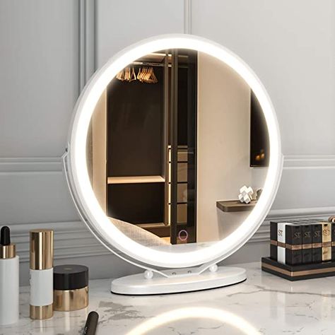 Amazon.com - LVSOMT Vanity Makeup Mirror with Lights, 3 Color Lighting Dimmable LED Mirror, Touch Control, 360°Rotation, High-Definition Large Round Lighted Up Mirror for Bedroom Table Desk (White) - Makeup Vanity Mirror With Lights, Vanity Mirror With Lights, Shaving Mirror, Circle Mirror, Desk Mirror, Makeup Vanity Mirror, Decorative Mirrors, Makeup Mirror With Lights, Round Light