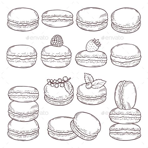 Hand drawn illustrations of paris cuisine. Delicious macaroons with different tastes. Macaroon sweet cookie, french biscuit vector Cute Desserts Drawings, How To Draw Macarons, French Food Drawing, Macaroons Illustration, Macaron Tattoo, Macaroons Drawing, Macaroon Illustration, Macaroon Drawing, How To Draw Food