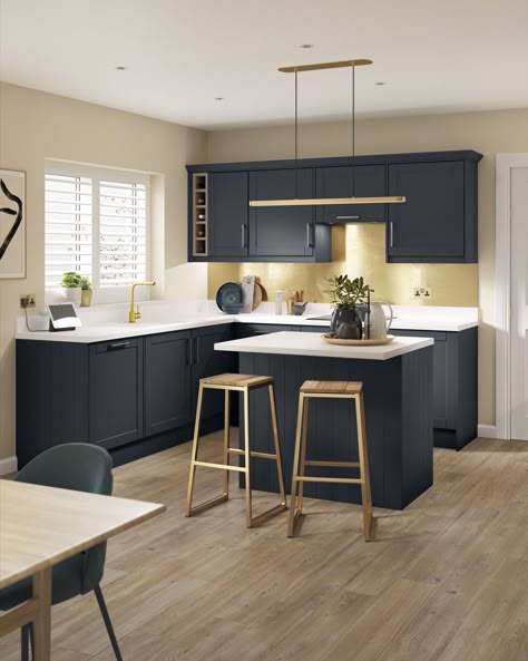 Kitchen Inspo Blue Cabinets, Navy Industrial Kitchen, Navy Kitchen Dining Room, Blue Kitchen Units, Blue Kitchen White Worktop, Navy Blue And Cream Kitchen Ideas, Male Kitchen Ideas, Navy Wall Kitchen, B&q Kitchen