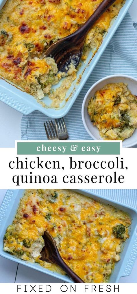 Easy chicken and quinoa casserole has got broccoli, chicken, quinoa baked in a creamy cheese sauce and topped with golden, melted cheddar and parmesan. This casserole recipe is a perfect dinner for busy weeknights. #casserole #chickendinner Quinoa Recipes With Chicken, Chicken With Quinoa Recipes, Chicken And Quinoa Casserole, Chicken Quinoa Bake Recipes, Chicken Quinoa Casserole Recipes, Baked Chicken And Quinoa Recipes, Broccoli Cheddar Quinoa Casserole, Broccoli Chicken Quinoa Casserole, Cheese Broccoli Quinoa