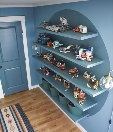 Young Boy Bedroom Design, Lego Display Ideas Shelves, Lego Inspired Bedroom, Lego Organizer, Lego Bedroom, Boys Bedroom Makeover, Big Boy Bedrooms, Lego Display, Boys Room Ideas