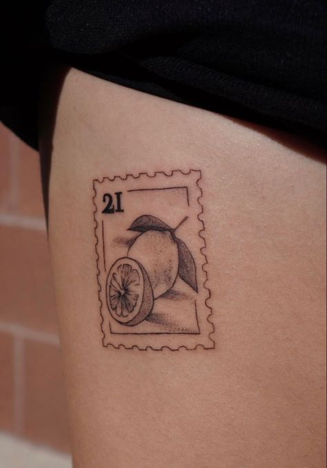 Orange Post Stamp Tattoo, Cereal Box Tattoo, Lemon Tattoos Minimalist, Matching Lemon Tattoos, Italian Postage Stamp Tattoo, Lemon And Flower Tattoo, Italy Post Stamp Tattoo, Letter Stamp Tattoo, Lemon Postage Stamp Tattoo