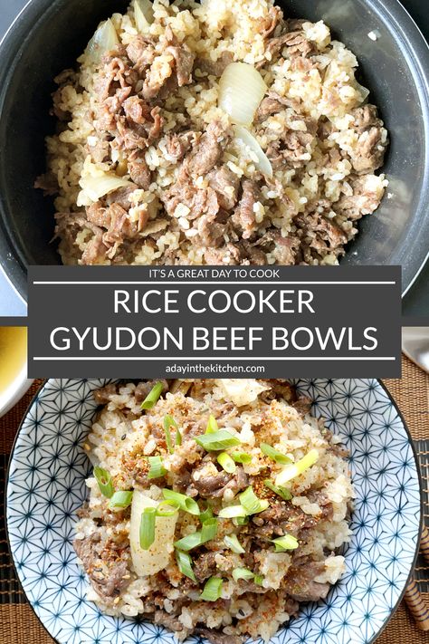 Rice Cooker Gyudon Beef Bowls Gyudon Rice Cooker, Japanese Rice Cooker Recipes, Japanese Rice Dishes, Chicken Rice Bake, Curry Chicken And Rice, Burger Meat, Rice Cooker Recipes, Chinese Cooking Wine, Beef Bowls