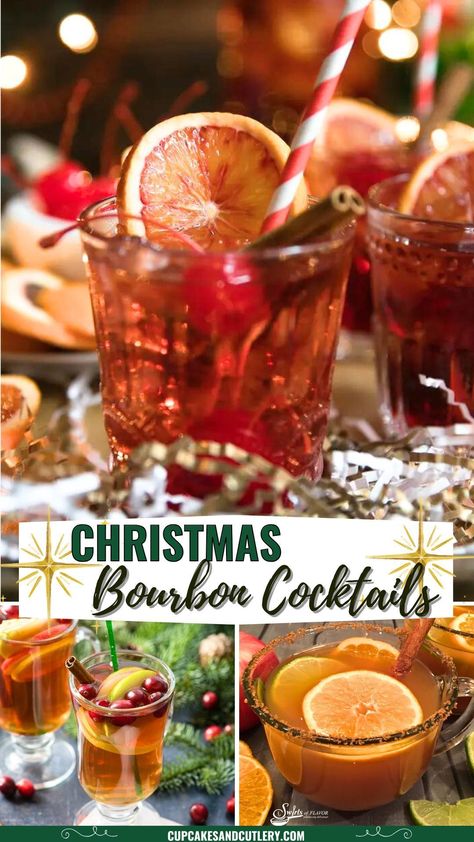 These festive Christmas bourbon cocktails are great for holiday parties. Each bourbon drink is crafted to bring out seasonal flavors and spread holiday spirit. Mix up these easy recipes for a truly memorable holiday drink experience. Christmas Cocktails Bourbon Pitcher, Warm Bourbon Cocktails, Bourbon Holiday Punch, Big Batch Bourbon Cocktails, Bourbon Punch For A Crowd, Bourbon Tasting Party Ideas, Bourbon Christmas Cocktail, Holiday Mixed Drinks, Christmas Bourbon Cocktails