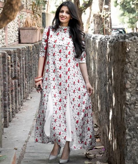 White Printed High Neck Long Kurti with Front Slits High Neck Kurti, Long Kurta Designs, डिजाइनर कपड़े, Long Kurti, Salwar Designs, Long Kurti Designs, Salwar Kamiz, Neckline Dress, Indian Attire