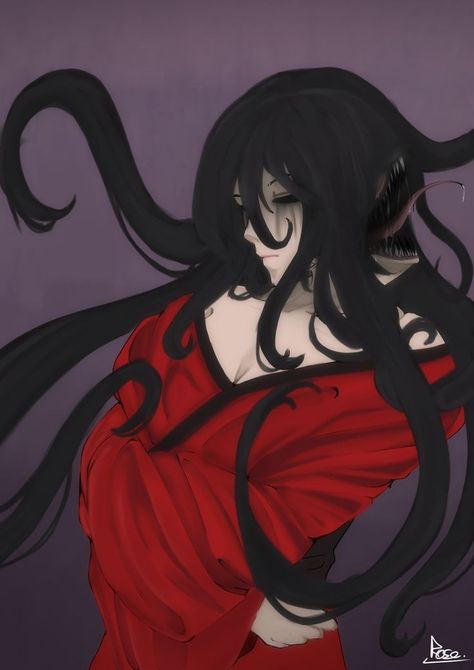 Futakuchi Onna, Mimic Fanart, The Kraken, The Mimic, Kraken, Black Hair, Red, Hair, Black